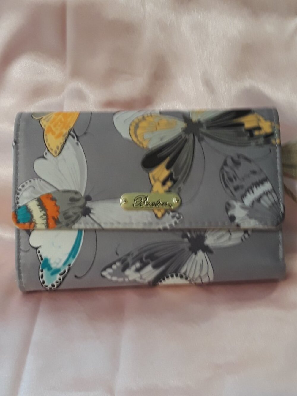 Buxton Butterfly Print Fabric Trifold Snap Wallet Organizer Gray & Multi
